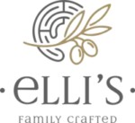 Official logo of Elli’s Family Crafted on a white background, featuring a grey circular labyrinth intertwined with a gold olive branch and the text ELLI'S FAMILY CRAFTED, representing premium Greek olive oil and natural farm products.