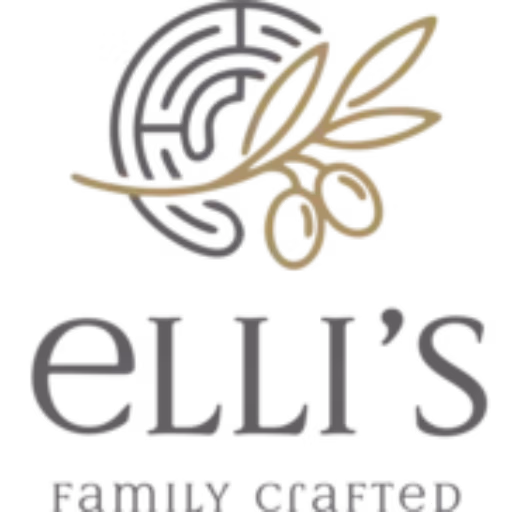 Official logo of Elli’s Family Crafted on a white background, featuring a grey circular labyrinth intertwined with a gold olive branch and the text ELLI'S FAMILY CRAFTED, representing premium Greek olive oil and natural farm products.